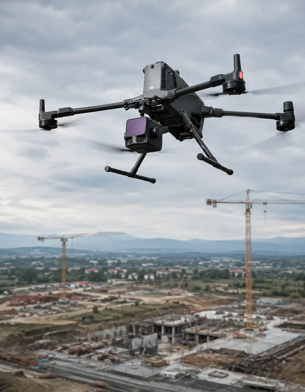 Drone in volo durante rilievo fotogrammetrico su cantiere