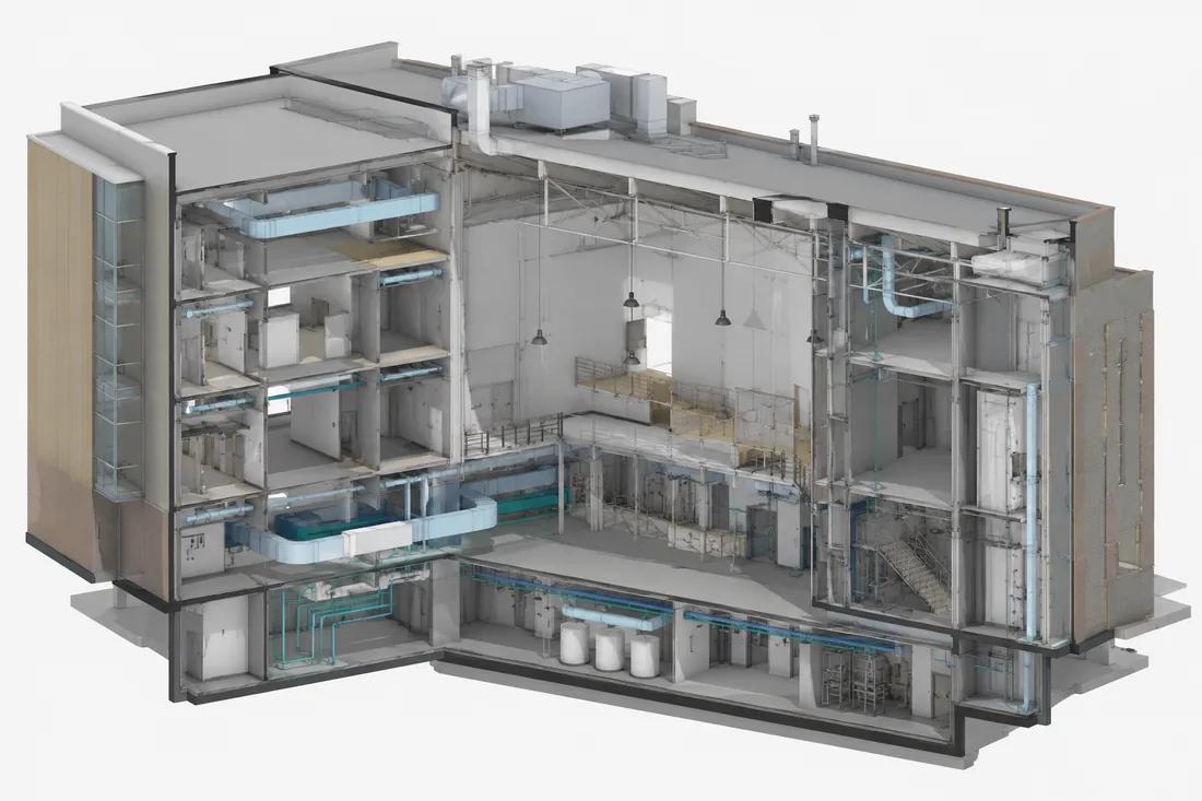 Modello BIM sezionato da rilievo laser scanner 3D
