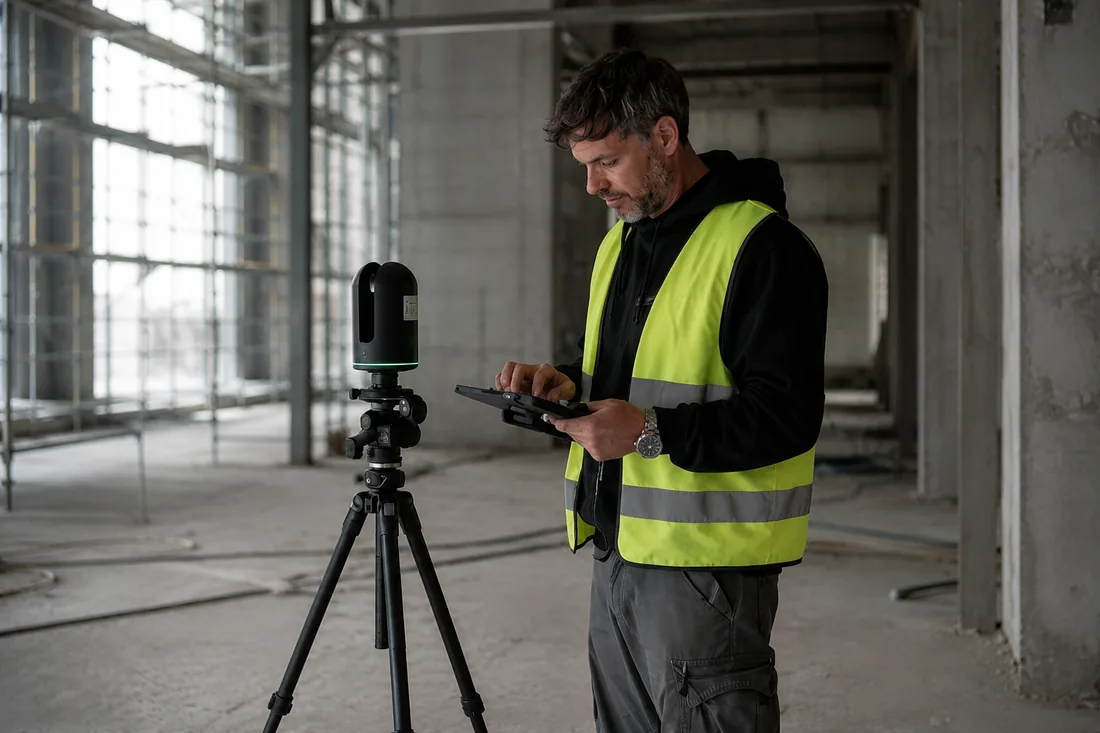 Tecnico con laser scanner 3D in acquisizione su cantiere edile