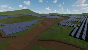 Rendering 3D di un impianto fotovoltaico a terra su terreno collinare con file di pannelli disposte secondo le curve di livello