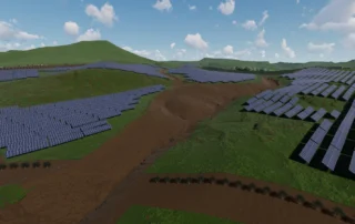 Rendering 3D di un impianto fotovoltaico a terra su terreno collinare con file di pannelli disposte secondo le curve di livello