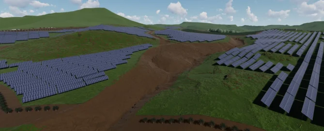 Rendering 3D di un impianto fotovoltaico a terra su terreno collinare con file di pannelli disposte secondo le curve di livello